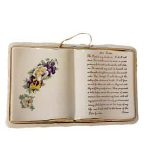 Ceramic Book w/ Floral & 23rd Psalm Written In Gold 6.5" W 4"H Wall Hanging